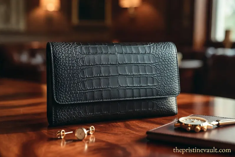 A well-maintained black crocodile leather clutch showing healthy shine and hydration after using the best leather conditioner for Hermès bags.