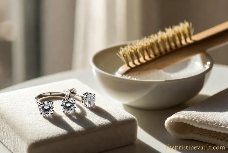 A diamond ring and diamond stud earrings placed on an ivory velvet surface beside a white ceramic bowl of soapy water with a natural bristle brush and a folded microfiber cloth, bathed in soft natural window light for at-home diamond jewelry cleaning