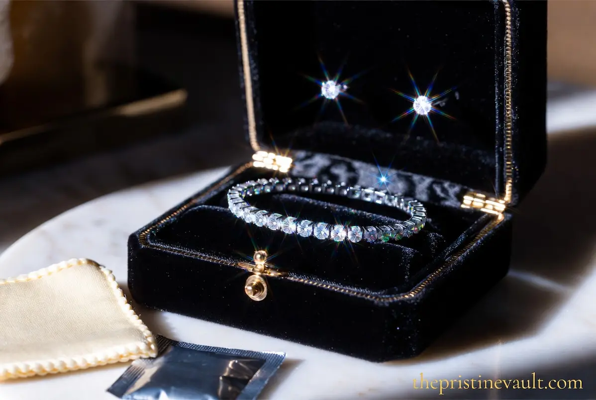A sparkling diamond tennis bracelet stored inside an open black velvet jewelry box with gold trim on a marble surface, with brilliant star-burst light reflections, beside a silica gel packet and an ivory satin jewelry pouch