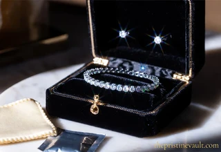 A sparkling diamond tennis bracelet stored inside an open black velvet jewelry box with gold trim on a marble surface, with brilliant star-burst light reflections, beside a silica gel packet and an ivory satin jewelry pouch