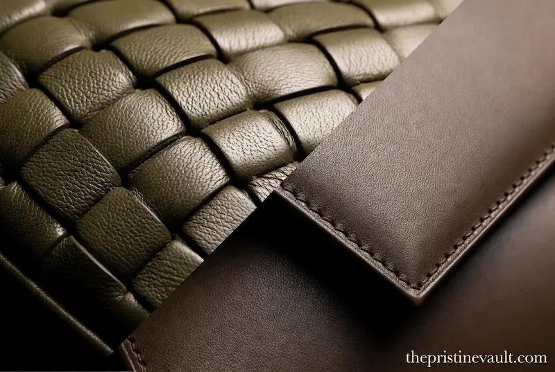 A high-contrast close-up of dark olive green Intrecciato woven leather from Bottega Veneta next to the ultra-smooth espresso brown matte leather of a The Row handbag.