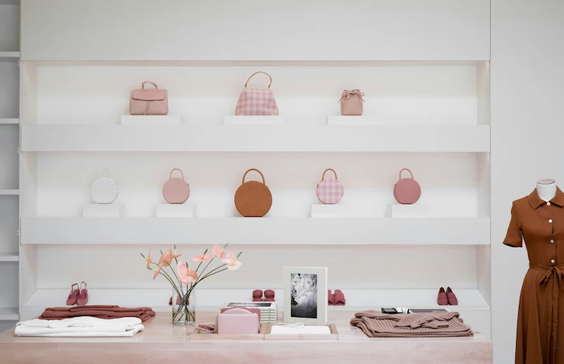 Multiple designer handbags neatly displayed on white shelves in a minimalist boutique, demonstrating an ideal way to store and organize designer bags long term