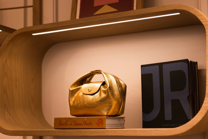 A gold metallic leather designer handbag stored on an illuminated wooden shelf alongside books, showcasing an elegant long-term designer bag storage idea