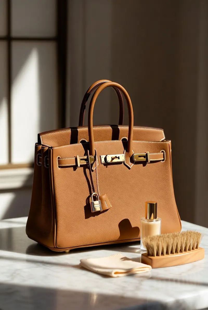 A Hermes Birkin bag in tan Togo leather with gold turn-lock closure, padlock, and white contrast stitching, placed on a marble surface beside a leather conditioner bottle, horsehair brush, and ivory microfiber cloth in soft natural window lighting