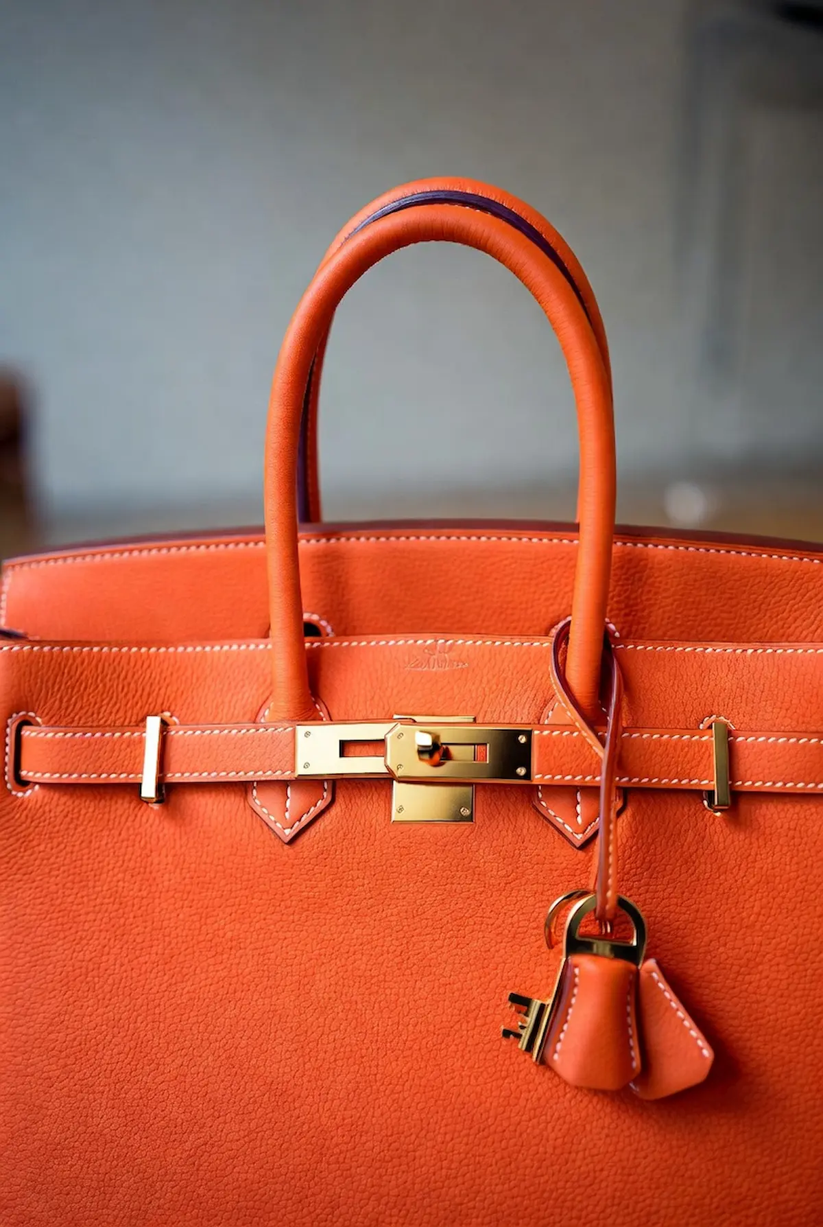 Close-up of a Hermes Birkin bag in iconic orange Togo leather with gold hardware, featuring the signature turn-lock closure, white contrast stitching, and leather clochette with gold key
