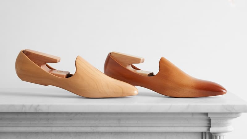 Two cedar shoe trees in light and dark wood tones displayed on a white marble surface, showcasing premium shoe tree options for maintaining shoe shape