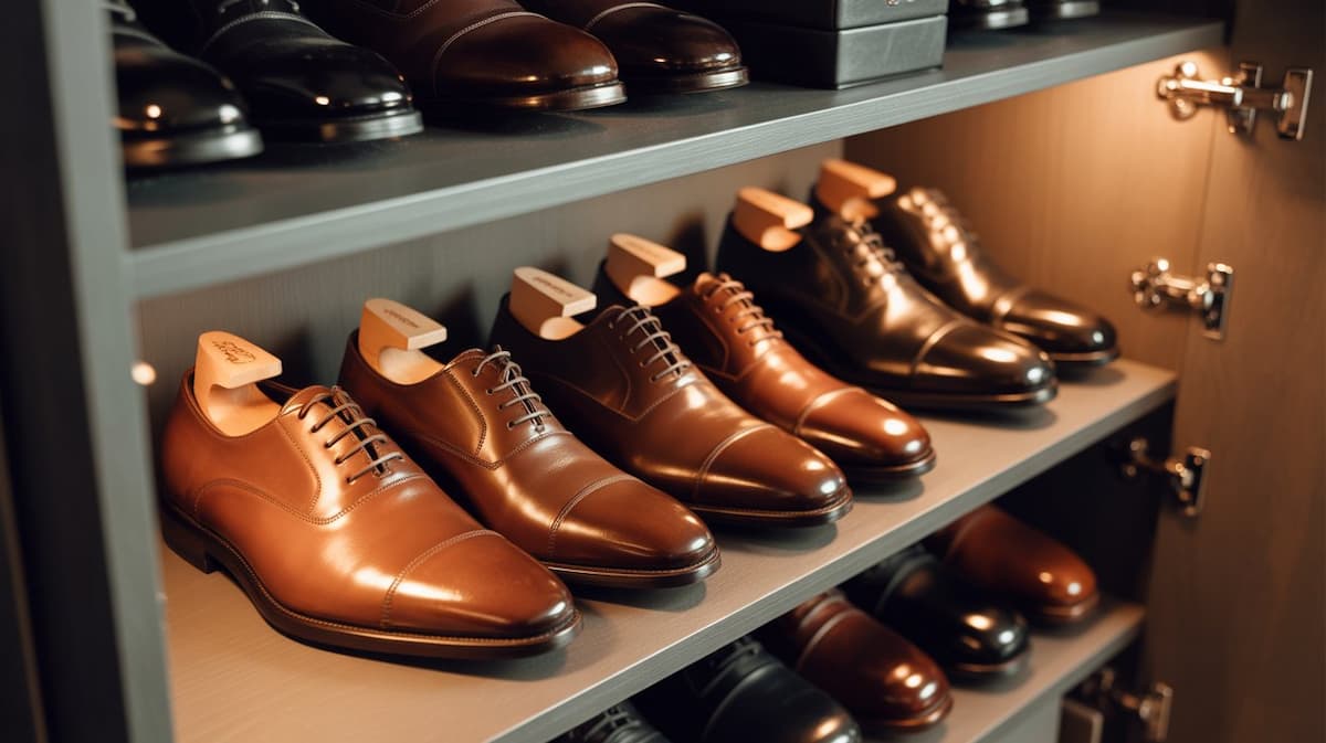 A row of polished brown leather oxford shoes fitted with cedar shoe trees, neatly organized on illuminated wooden shelves in a luxury closet