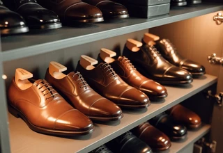 A row of polished brown leather oxford shoes fitted with cedar shoe trees, neatly organized on illuminated wooden shelves in a luxury closet