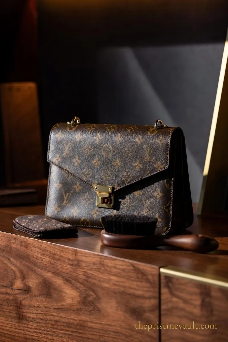 A Louis Vuitton monogram canvas shoulder bag with gold hardware displayed on a wooden surface alongside a cleaning brush and cloth, illustrating proper Louis Vuitton monogram care