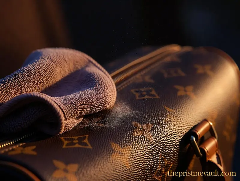 A soft microfiber cloth gently wiping the surface of a Louis Vuitton monogram canvas bag, demonstrating the correct cleaning technique for Louis Vuitton monogram care