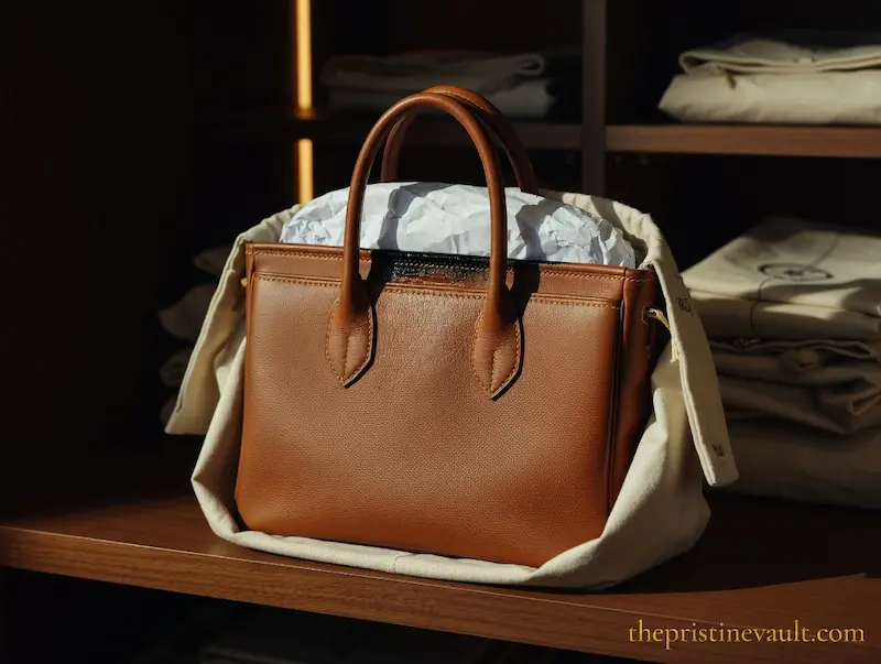 A tan leather designer handbag stuffed with tissue paper and placed inside a dust bag on a wooden shelf, demonstrating proper luxury bag storage technique