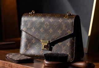 A Louis Vuitton monogram canvas shoulder bag with gold hardware displayed on a wooden surface alongside a cleaning brush and cloth, illustrating proper Louis Vuitton monogram care