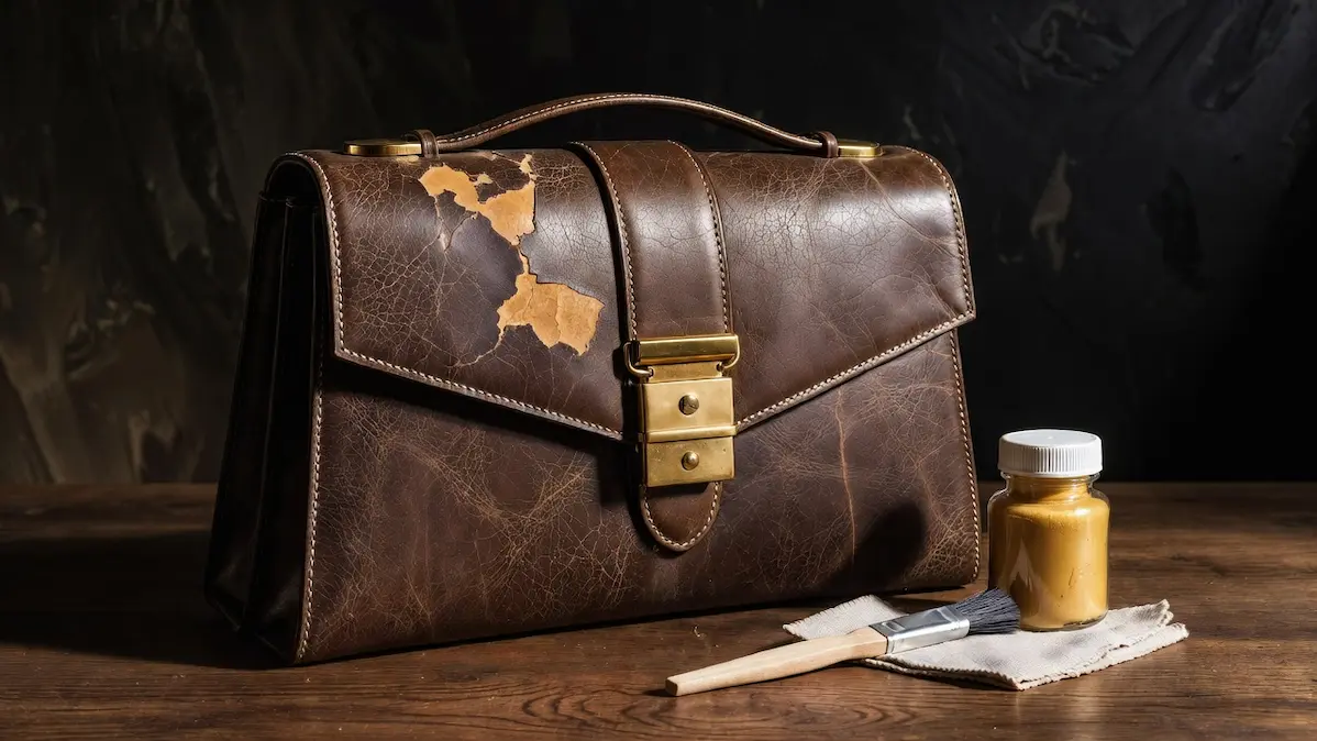 A brown leather purse with visible peeling and cracking surface displayed alongside leather repair tools including conditioner bottles, a brush, and a cloth, illustrating how to fix peeling leather on a purse