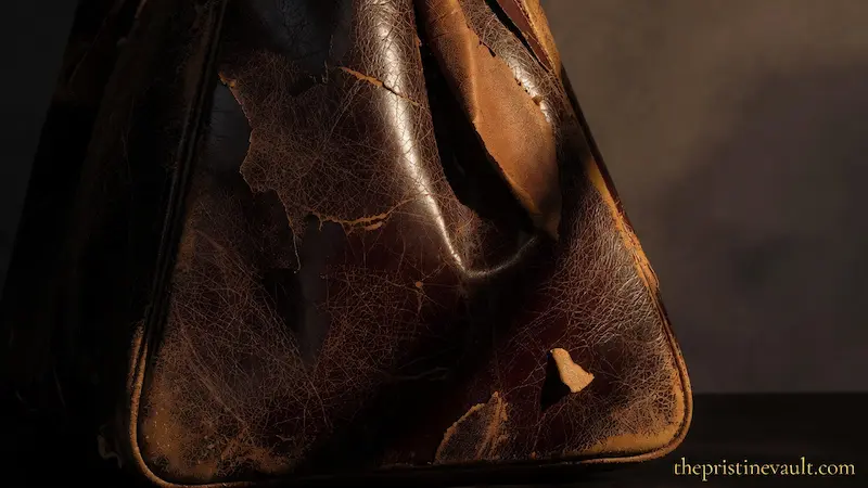 A close-up of a severely damaged leather purse showing extensive peeling, cracking, and flaking leather surface, highlighting the problem addressed in how to fix peeling leather on a purse