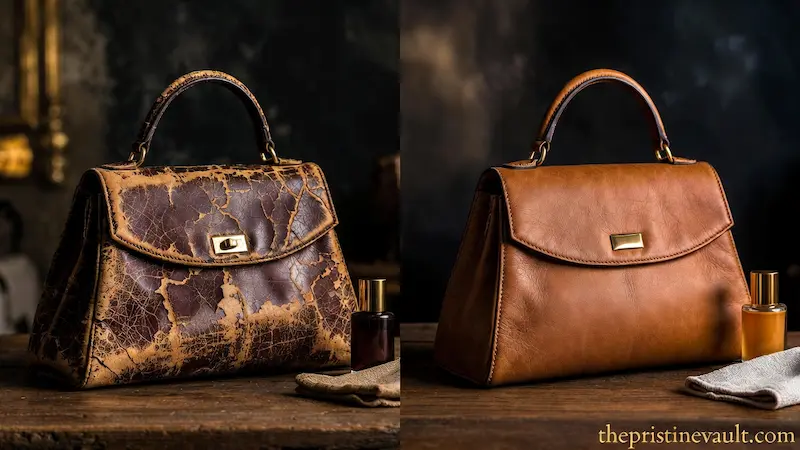 A before and after comparison of a leather purse showing severe peeling and cracking on the left versus a fully restored smooth tan leather finish on the right, demonstrating effective leather repair results