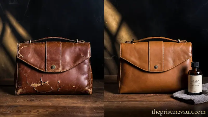 Before and after leather repair comparison of a brown leather satchel showing severe peeling and flaking on the left versus a fully restored smooth leather finish on the right with a luxury leather conditioner bottle and cloth