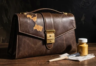 A brown leather purse with visible peeling and cracking surface displayed alongside leather repair tools including conditioner bottles, a brush, and a cloth, illustrating how to fix peeling leather on a purse