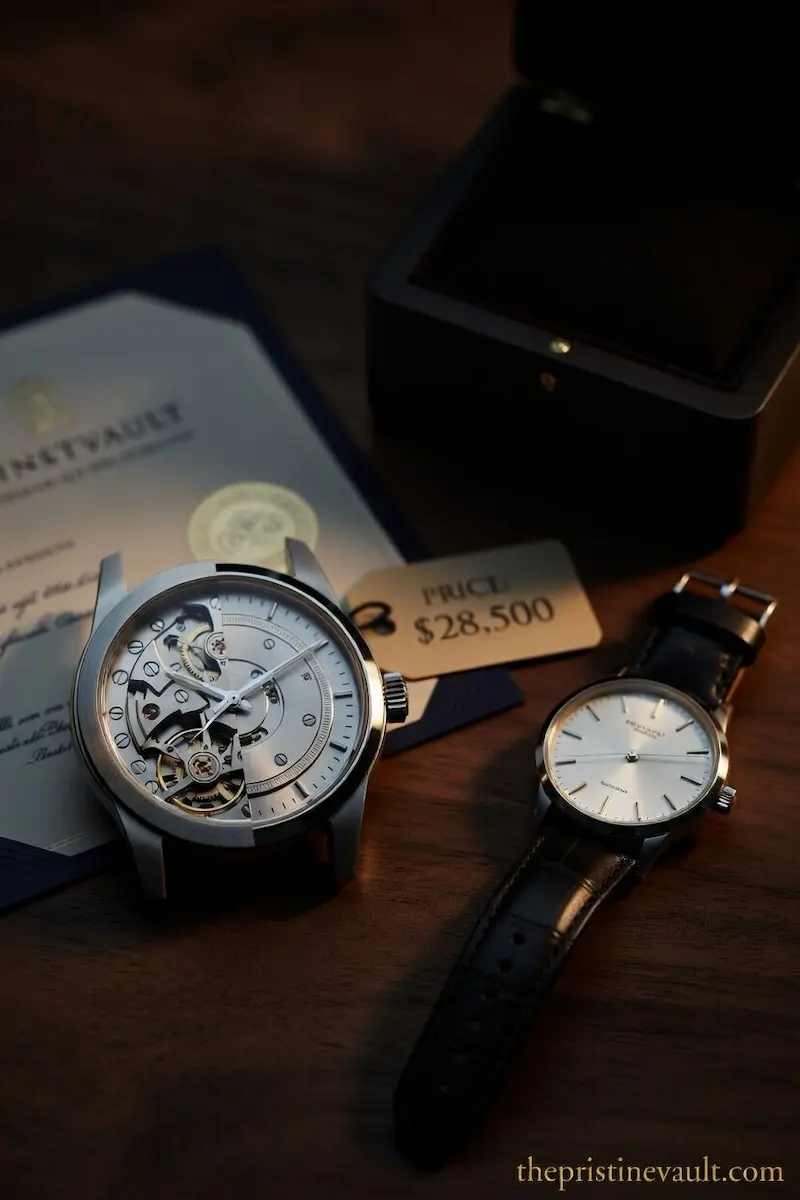 A high-end skeleton mechanical watch priced at $28,500 alongside a simple dress watch, with a luxury watch box and certificate of authenticity, highlighting the significant price and craftsmanship difference between a luxury watch and a fashion watch