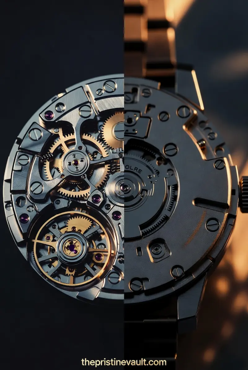 A split-view comparison of two watch movements — an intricate tourbillon mechanical movement with gold gears on the left versus a simpler quartz movement on the right — illustrating the key difference in craftsmanship between a luxury watch and a fashion watch