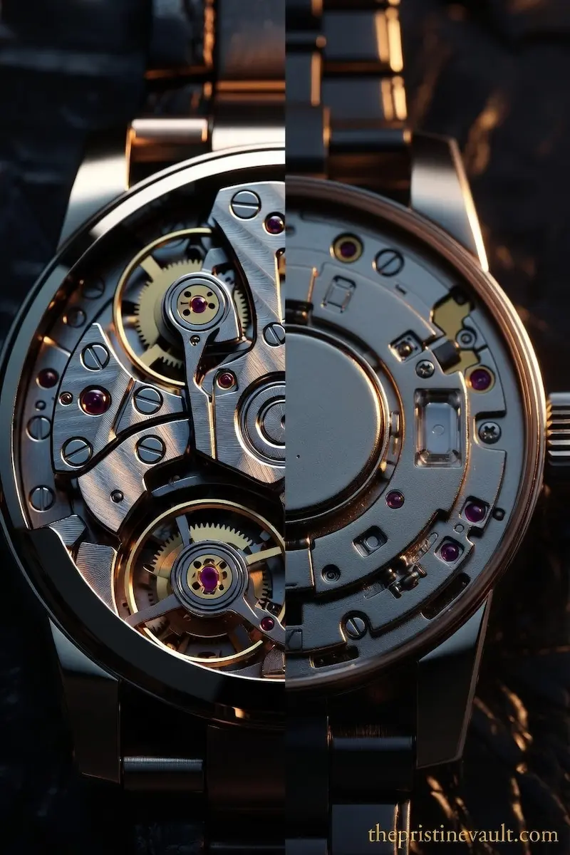 A split close-up comparing a complex luxury mechanical movement with tourbillon and gold gears on the left versus a simple quartz movement on the right, representing the internal craftsmanship difference between a luxury watch and a fashion watch