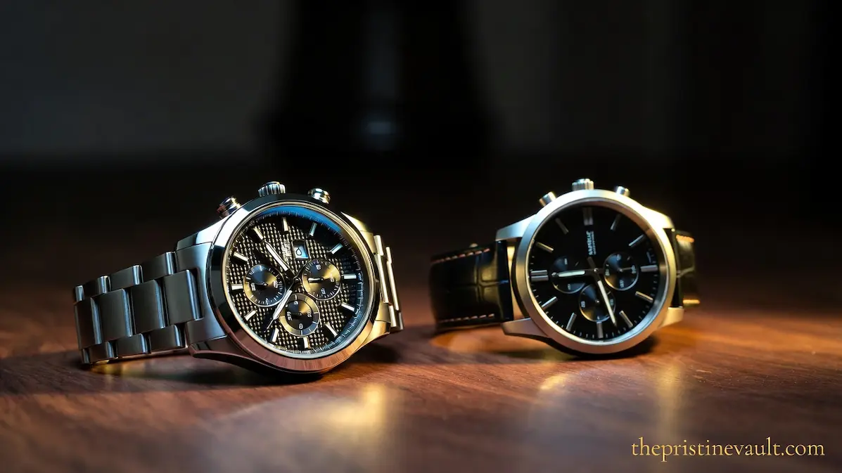 Two chronograph watches side by side on a wooden surface — a stainless steel bracelet watch and a leather strap watch — illustrating the key differences between a luxury watch and a fashion watch