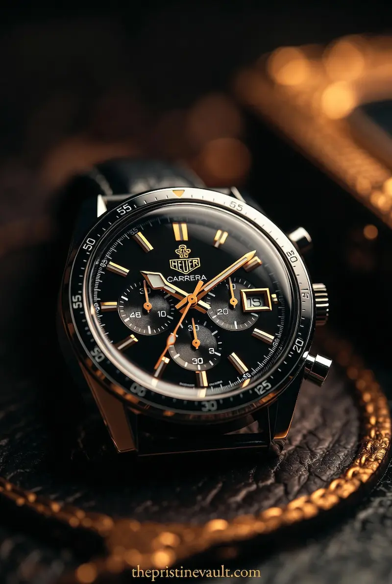 Essential tools for watch collectors: a detailed shot displaying the complex dial of a Heuer Carrera, demonstrating the beauty and value of high-end timepieces