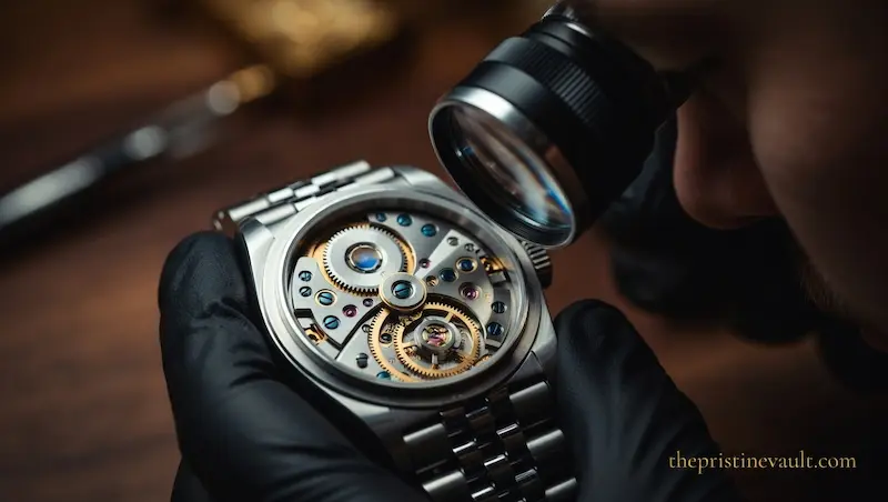 A close-up of a watch movement being inspected, with hands in black gloves gently holding the timepiece while using a magnifying loupe