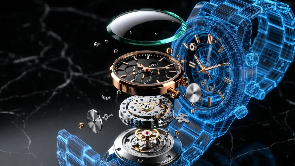 An exploded view diagram showcasing the anatomy of a luxury mechanical watch, with components melded into a glowing blue digital blueprint against a black marble background.