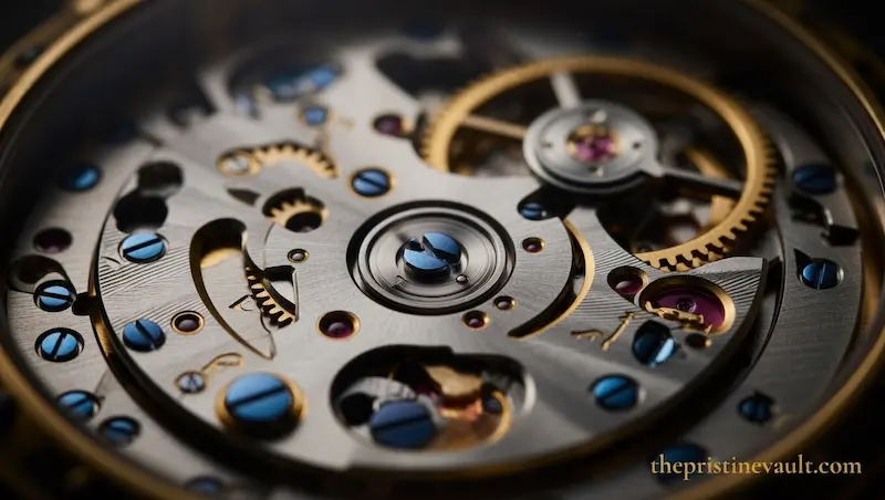 An extreme close-up of a complex mechanical watch movement, showcasing the intricate details and exquisite craftsmanship of fine timepieces.