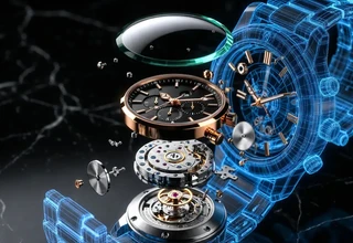 An exploded view diagram showcasing the anatomy of a luxury mechanical watch, with components melded into a glowing blue digital blueprint against a black marble background.