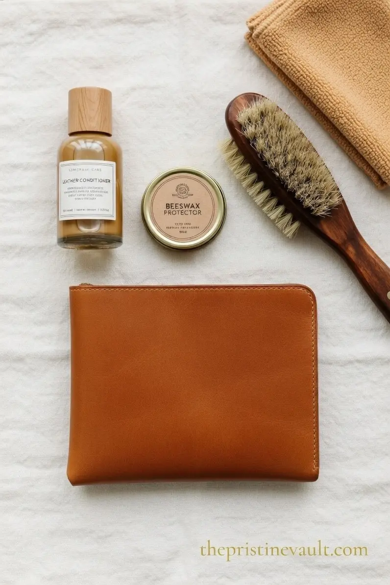 Flat lay of Dooney & Bourke vachetta leather care products — leather conditioner, beeswax protector, horsehair brush, and microfiber cloth — arranged around a tan vachetta leather pouch on a white linen surface