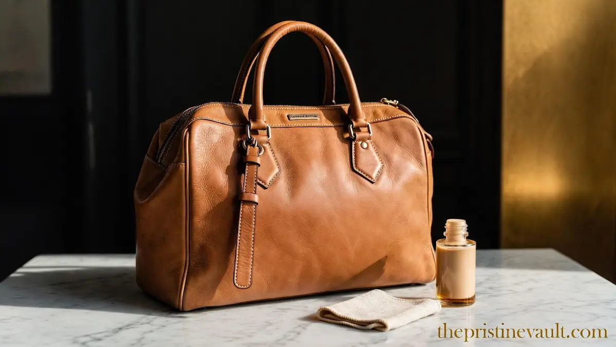 A Dooney & Bourke tan vachetta leather handbag on a marble surface beside a leather conditioner bottle and soft cloth