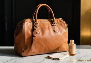 A Dooney & Bourke tan vachetta leather handbag on a marble surface beside a leather conditioner bottle and soft cloth