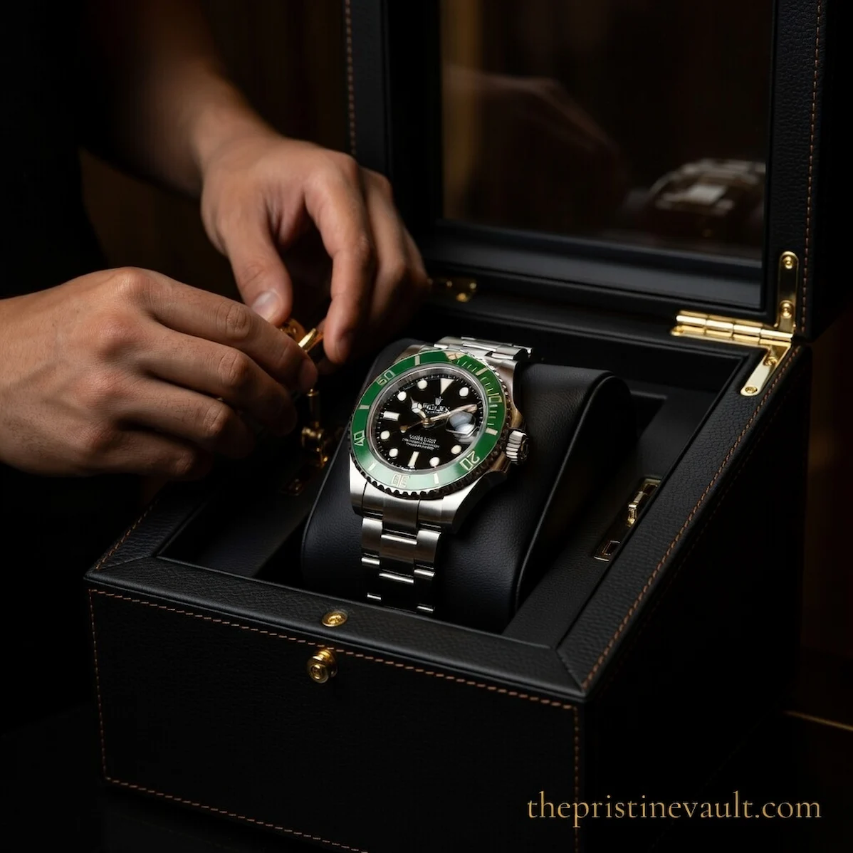 Hands placing a Rolex Submariner with green bezel into a black leather watch winder box with gold accents