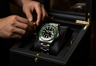 Hands placing a Rolex Submariner with green bezel into a black leather watch winder box with gold accents