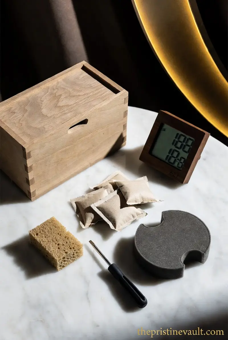 DIY watch humidity box materials laid out on a marble surface — an unfinished wooden box, digital hygrometer, silica gel packets, sponge, screwdriver, and foam watch cushion