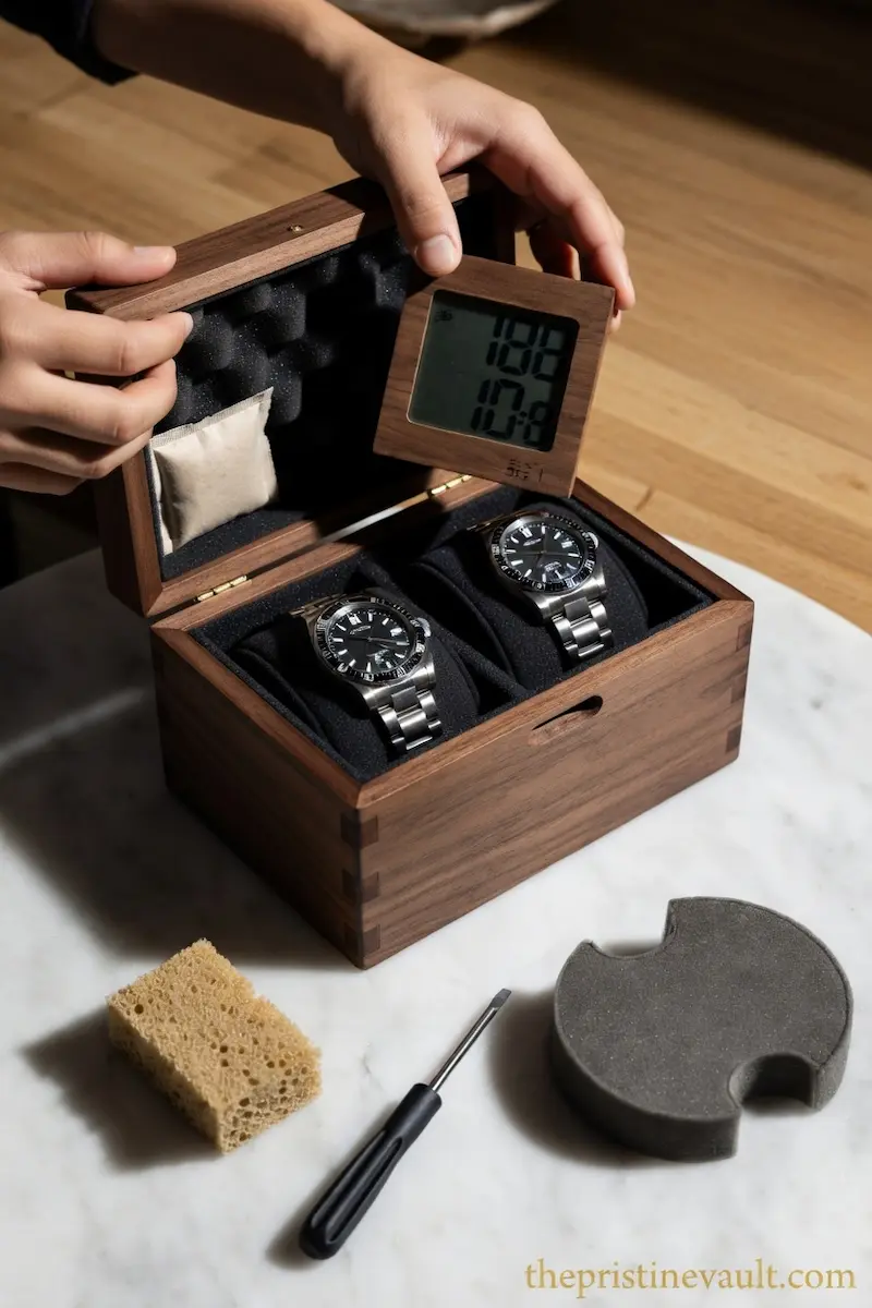 Hands installing a digital hygrometer into the lid of a DIY walnut wood watch humidity box containing two stainless steel watches on black foam cushions, with a sponge, screwdriver, and foam watch cushion on a marble surface
