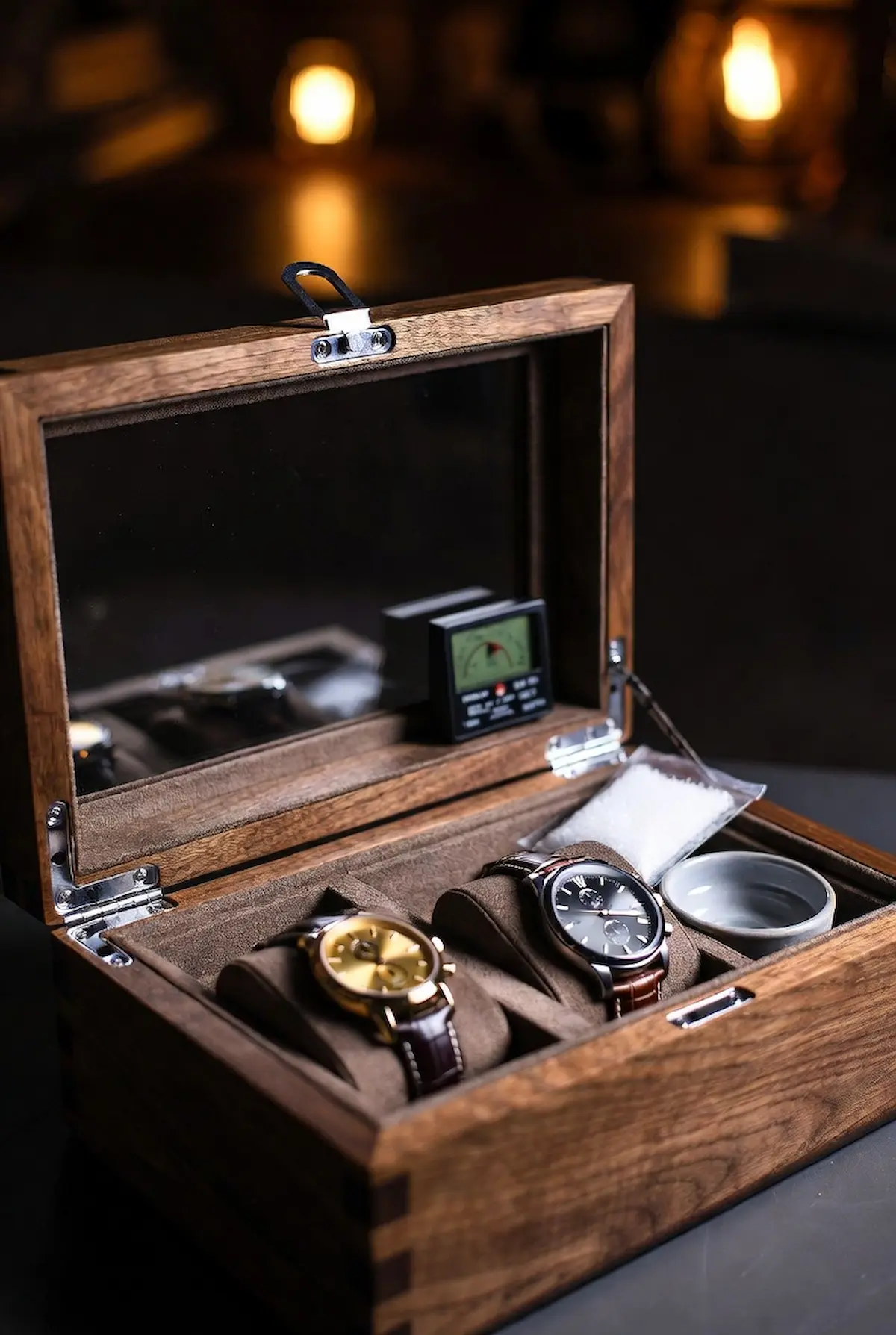 A DIY watch humidity box made from walnut wood with a glass lid, housing two luxury watches on suede cushions alongside a hygrometer, silica gel packet, and small water bowl to control humidity levels