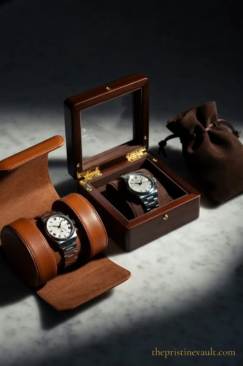 Three automatic watch storage options without a winder on a marble surface — a tan leather watch roll with a silver automatic watch, a dark walnut wood watch box with glass lid housing a stainless steel dress watch, and a brown suede drawstring pouch