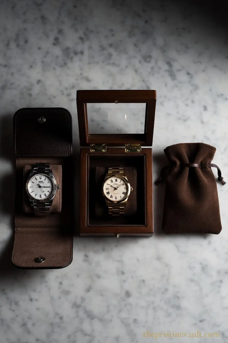 Three automatic watch storage options without a winder displayed on a marble surface — a dark leather watch roll with a silver dress watch, a walnut wood watch box with glass lid holding a gold automatic watch, and a brown suede drawstring pouch
