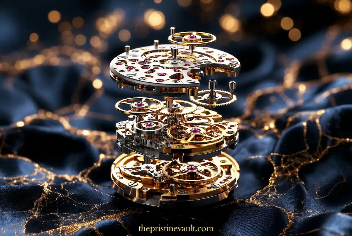 An exploded view 3D render of a luxury watch movement showing multiple layers of gold and steel plates, gear trains, ruby jeweled bearings, and balance wheels stacked apart for overhaul, displayed on a dark navy silk cloth with golden bokeh background