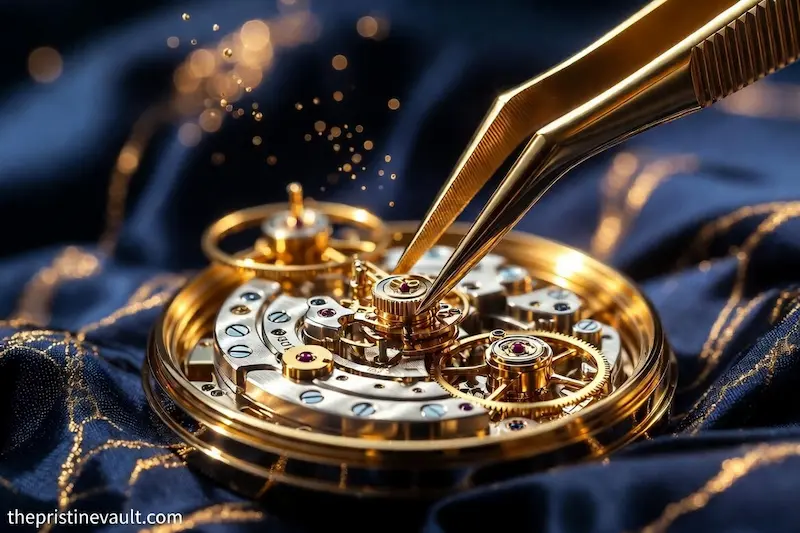 Gold precision tweezers delicately placing a component onto a fully gold luxury watch movement with ruby jeweled bearings and intricate gear train during an overhaul, displayed on a dark navy silk cloth with golden bokeh particles in the background