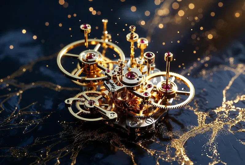 A disassembled luxury watch movement during overhaul showing intricate gold gear trains, balance wheels, ruby jeweled bearings, and steel bridges spread apart on a dark navy surface with golden bokeh particles and glitter streaks