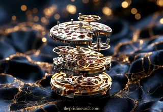An exploded view 3D render of a luxury watch movement showing multiple layers of gold and steel plates, gear trains, ruby jeweled bearings, and balance wheels stacked apart for overhaul, displayed on a dark navy silk cloth with golden bokeh background