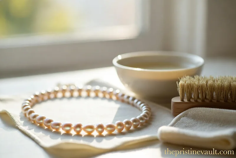 A pink freshwater pearl necklace laid flat on an ivory soft cloth beside a white ceramic bowl of lukewarm water, a natural bristle brush, and a folded microfiber cloth, bathed in soft natural window light for at-home pearl cleaning