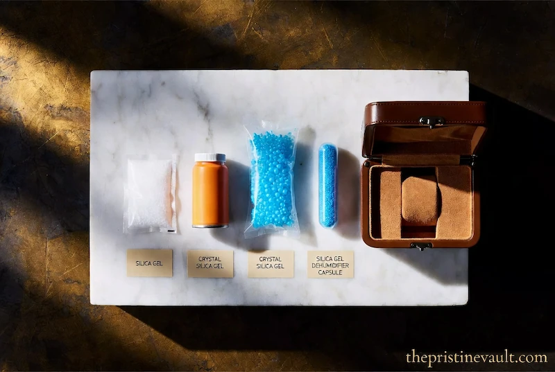 Flat lay comparison of four silica gel types for watch boxes on a marble surface — a white silica gel packet, an orange crystal silica gel canister, a blue crystal silica gel pouch, and a silica gel dehumidifier capsule, each labeled, beside an open tan leather watch box with suede interior