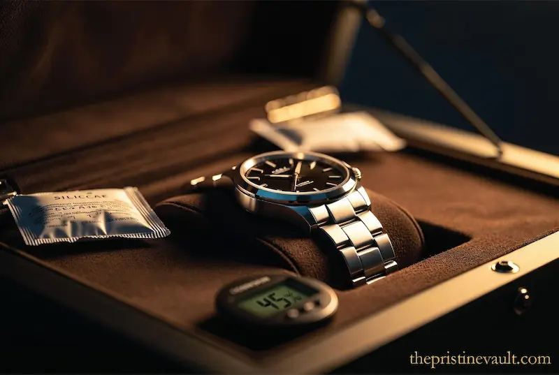 A stainless steel dress watch on a dark suede cushion inside a luxury watch box, with a silica gel packet placed beside it and a small digital hygrometer showing 45% humidity level, under dramatic warm golden side lighting