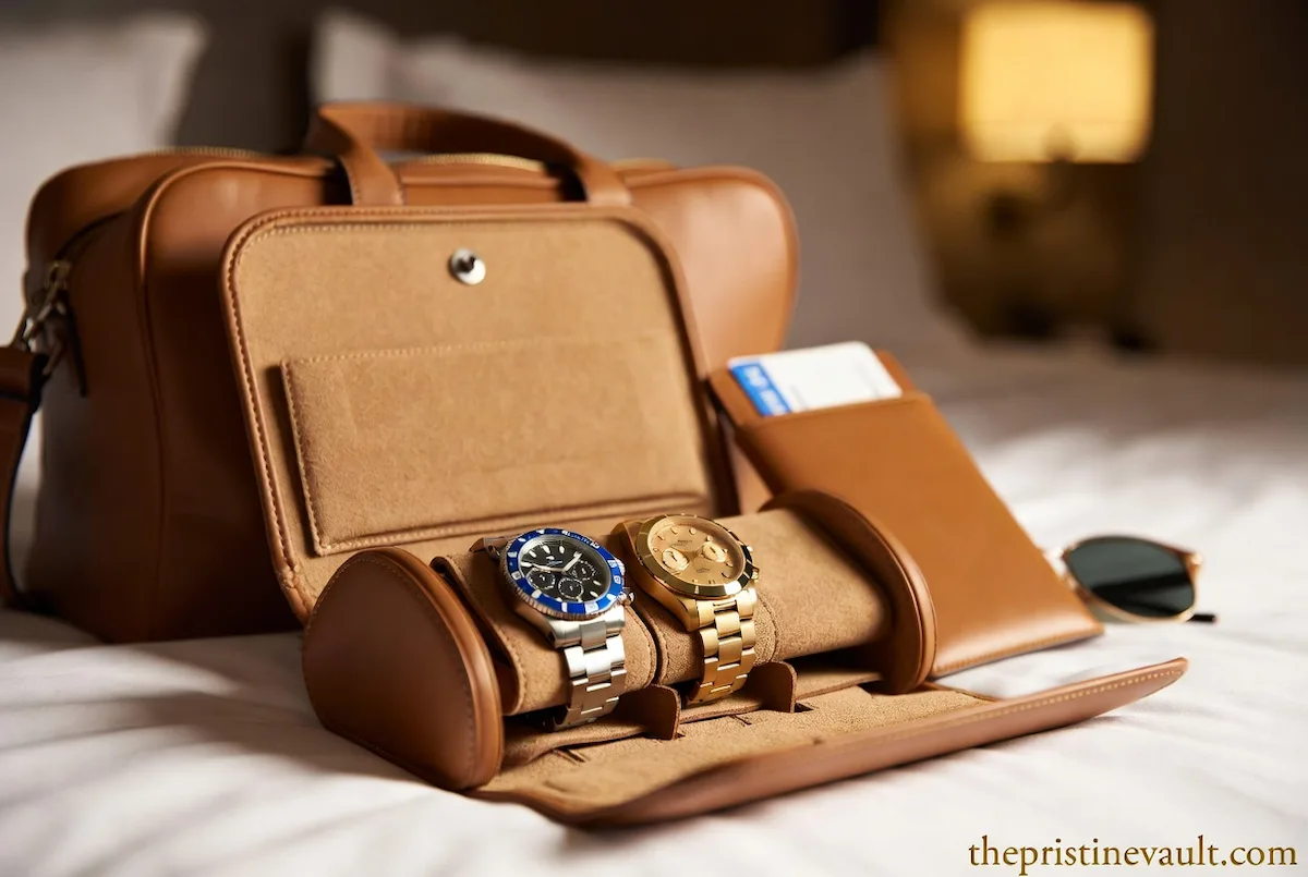 A tan leather watch roll unzipped and opened on a hotel room bed revealing a stainless steel diver watch and a gold dress watch on suede cushions, beside a tan leather travel duffle bag, passport holder with boarding pass, and sunglasses under warm hotel ambient lighting