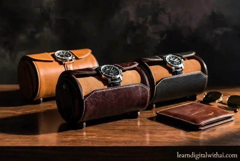 Three leather watch rolls for travel in tan, dark brown, and black leather each displaying a luxury watch, beside a leather wallet and sunglasses on a walnut surface
