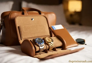 A tan leather watch roll unzipped and opened on a hotel room bed revealing a stainless steel diver watch and a gold dress watch on suede cushions, beside a tan leather travel duffle bag, passport holder with boarding pass, and sunglasses under warm hotel ambient lighting